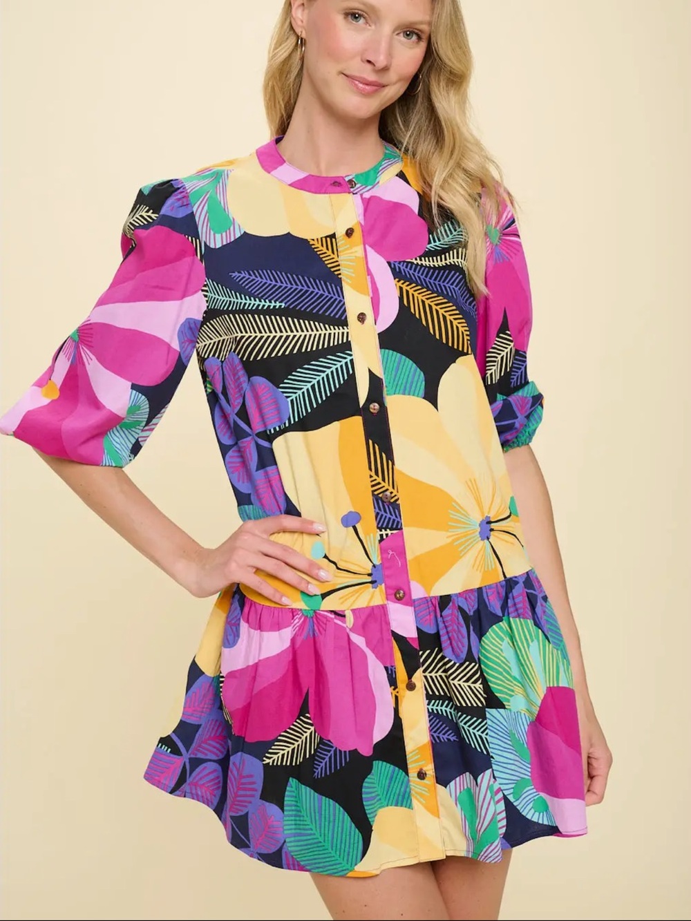 Vibrant Tropical Floral Button-Front Mini Dress - meet me in Santorini